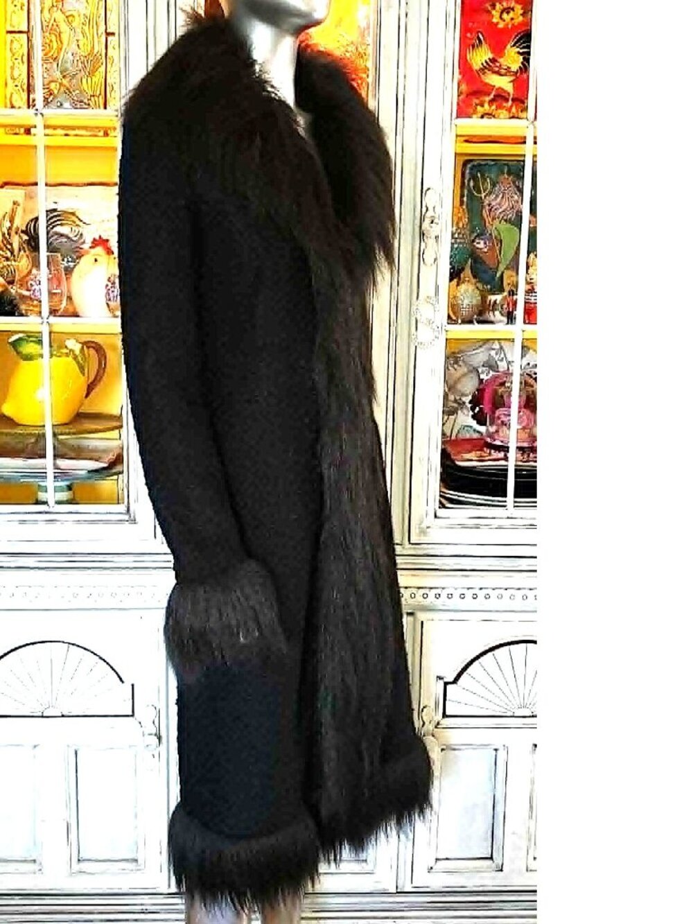 Vintage Betsey Johnson New York 90s Black Faux Fur Long Midi Duster Coat Jacket - Picture 7 of 16